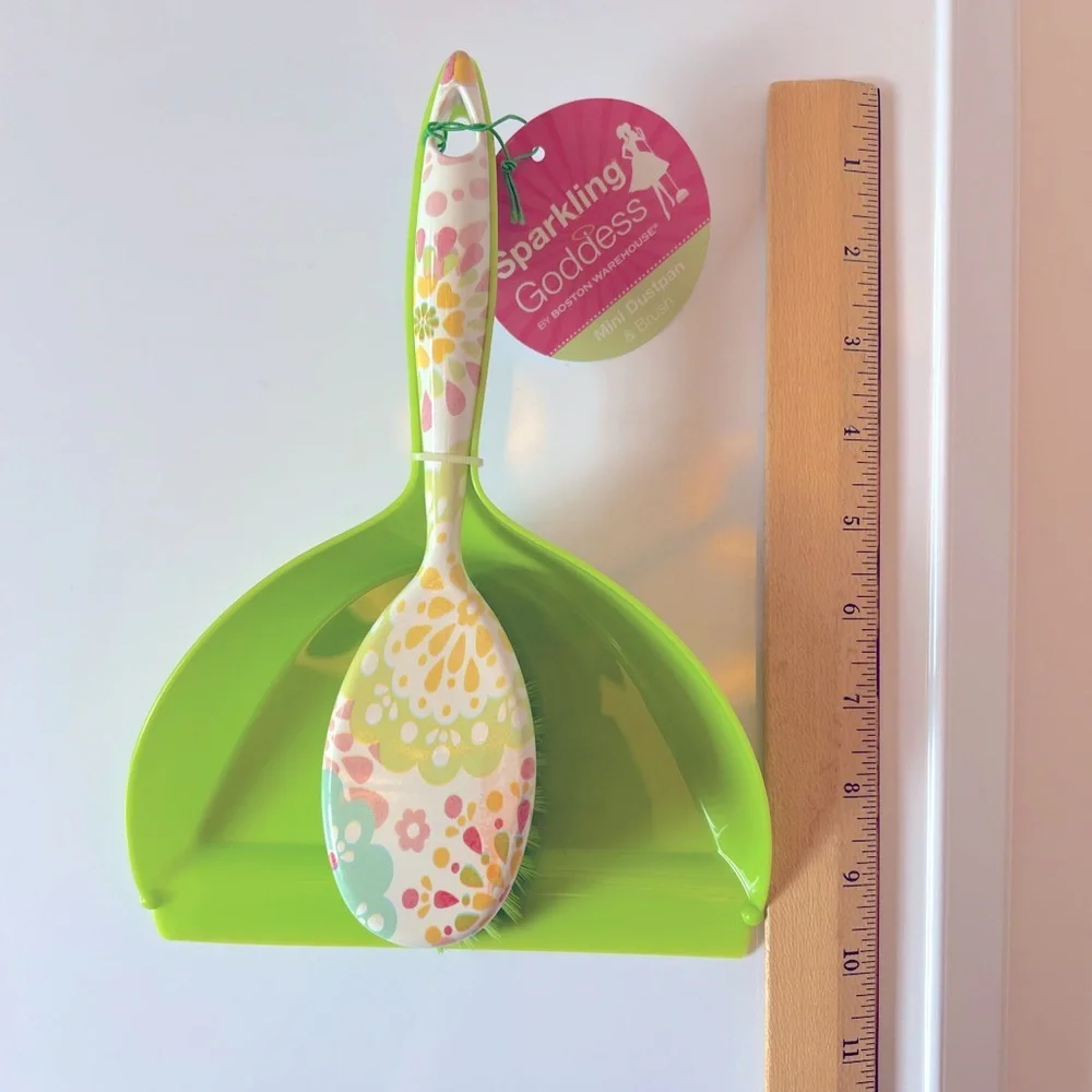 Small Lime Green Dustpan with Floral Handle Brush with Lime Bristles.